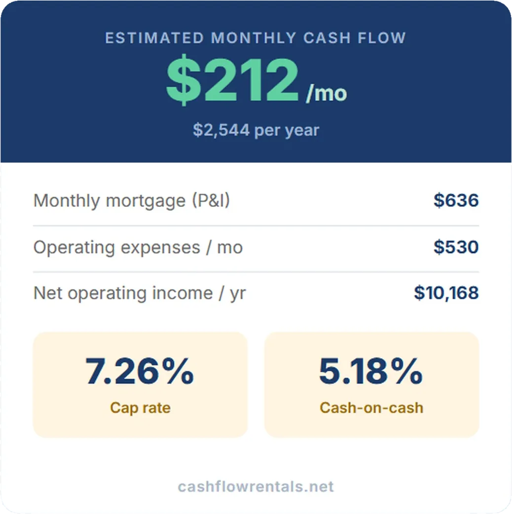 Rental property calculator result showing estimated monthly cash flow, cap rate, and cash-on-cash return